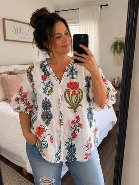 Gigio Boho Floral Print Button-Up Blouse | Lightweight Cottagecore Peasant Top